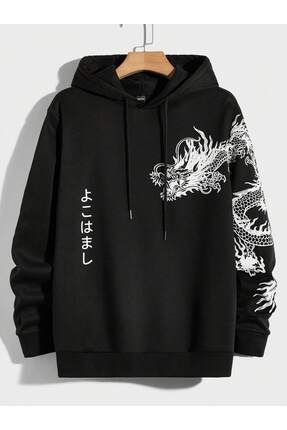 Adrift Kap onlu Sweatshirt SHEIN Men Japanese Letter Dragon Graphic Fiyat Yorumlar Trendyol