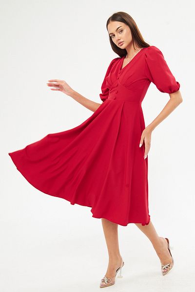 Bidoluelbise Balloon Sleeve V-neck Corsage Belt Detail Ornamental Buttoned Chest Pleated Woven Draped Fabric Midi Dress