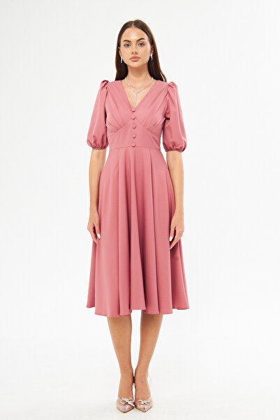 Bidoluelbise Μπαλόνι μανίκι V-λαιμόκοψη Ζώνη μπούστο Λεπτομέρεια Διακοσμητικό κουμπί στήθος Πλισέ υφαντό ντραπέ ύφασμα Midi φόρεμα