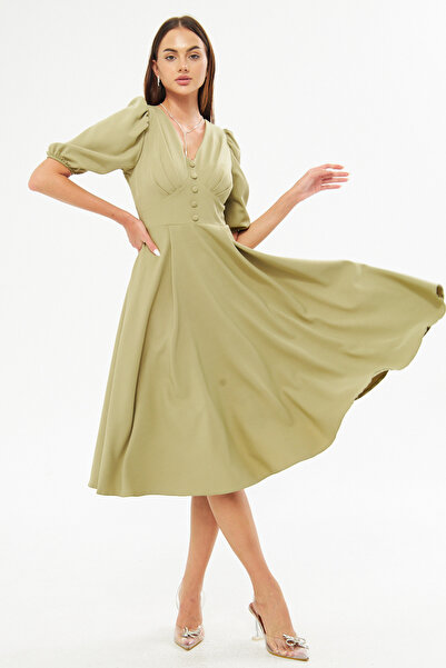 Bidoluelbise Μπαλόνι μανίκι V-λαιμόκοψη Ζώνη μπούστο Λεπτομέρεια Διακοσμητικό κουμπί στήθος Πλισέ υφαντό ντραπέ ύφασμα Midi φόρεμα