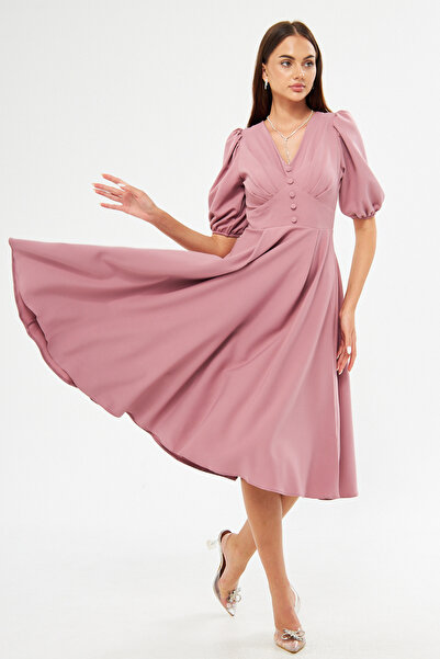 Bidoluelbise Μπαλόνι μανίκι V-λαιμόκοψη Ζώνη μπούστο Λεπτομέρεια Διακοσμητικό κουμπί στήθος Πλισέ υφαντό ντραπέ ύφασμα Midi φόρεμα