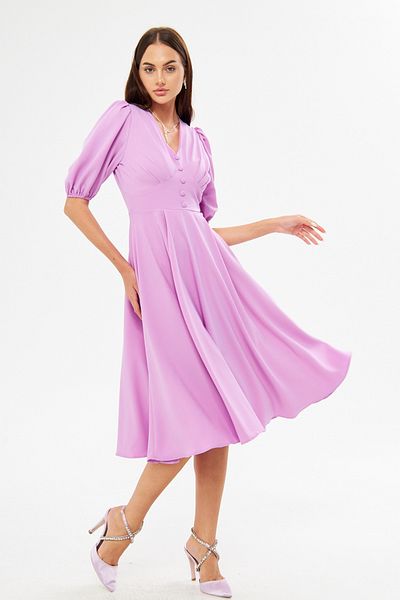 Bidoluelbise Balloon Sleeve V-neck Corsage Belt Detail Ornamental Buttoned Chest Pleated Woven Draped Fabric Midi Dress