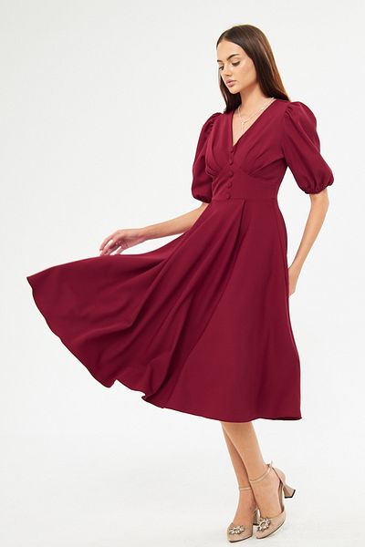 Bidoluelbise Balloon Sleeve V-neck Corsage Belt Detail Ornamental Buttoned Chest Pleated Woven Draped Fabric Midi Dress