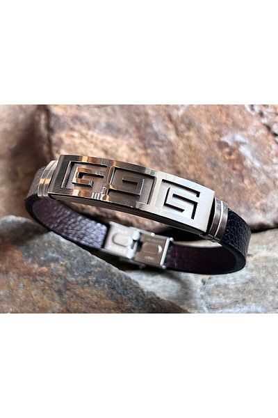 Farah Butik Men's Leather Steel Bracelet Black Color Snap Buckle Bracelet