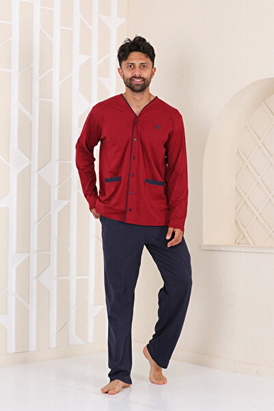 Gerçek Efsane طقم بيجامة رجالي بأكمام طويلة وأزرار أمامية من Double Tiger 8902