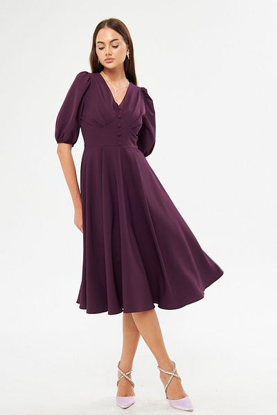 Bidoluelbise Balloon Sleeve V-neck Corsage Belt Detail Ornamental Buttoned Chest Pleated Woven Draped Fabric Midi Dress