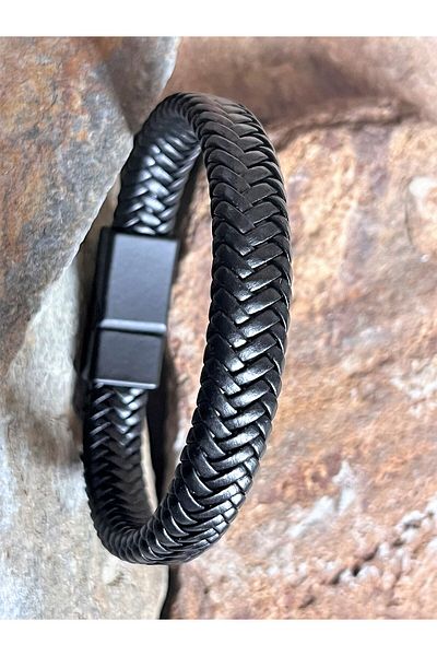 Farah Butik Men's Leather Bracelet Black Color Snap Buckle Braided Bracelet