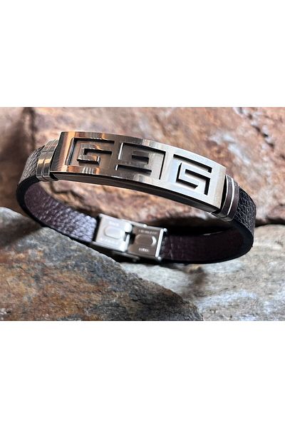Farah Butik Men's Leather Steel Bracelet Black Color Snap Buckle Bracelet