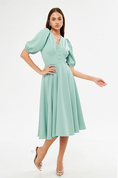 Bidoluelbise Balloon Sleeve V-neck Corsage Belt Detail Ornamental Buttoned Chest Pleated Woven Draped Fabric Midi Dress