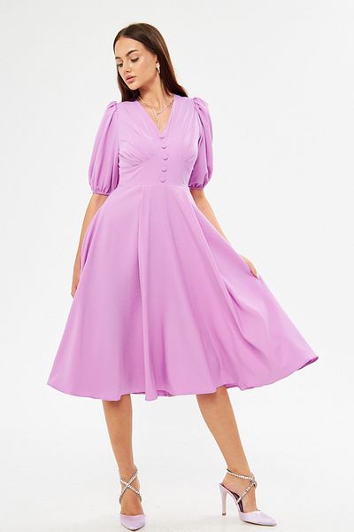 Bidoluelbise Balloon Sleeve V-neck Corsage Belt Detail Ornamental Buttoned Chest Pleated Woven Draped Fabric Midi Dress
