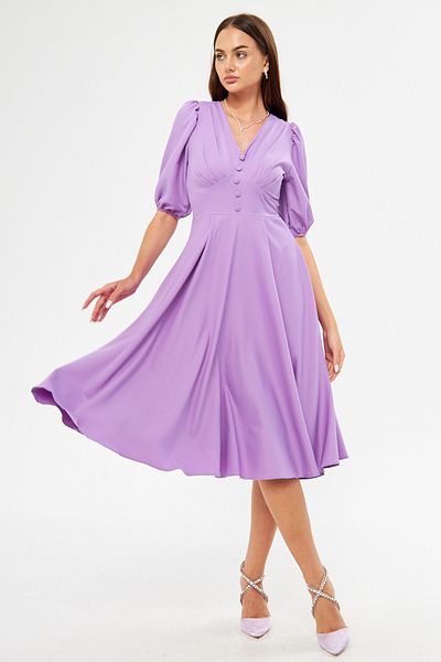 Bidoluelbise Balloon Sleeve V-neck Corsage Belt Detail Ornamental Buttoned Chest Pleated Woven Draped Fabric Midi Dress