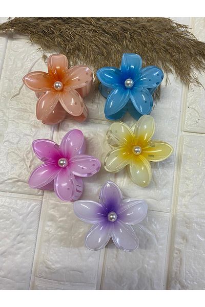 sema aksesuar 5 Pieces Pearled Lotus Flower Shiny Acrylic Women's Clothespin Buckle Set - Pearl Hibiscus Luxury Flower Buckle