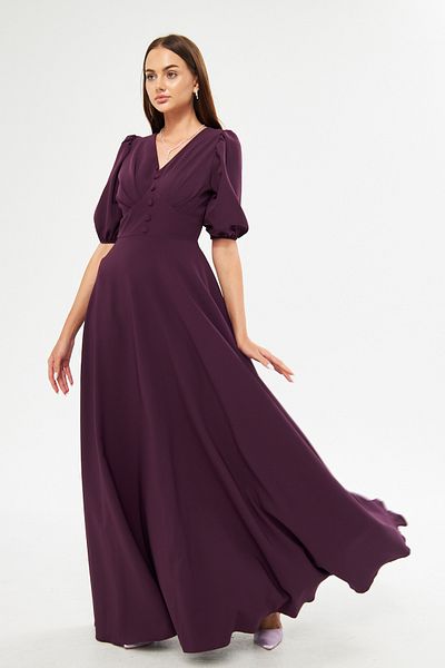 Bidoluelbise Balloon Sleeve V-neck Corsage Belt Detail Ornamental Buttoned Chest Pleated Woven Draped Fabric Maxi Length Dress
