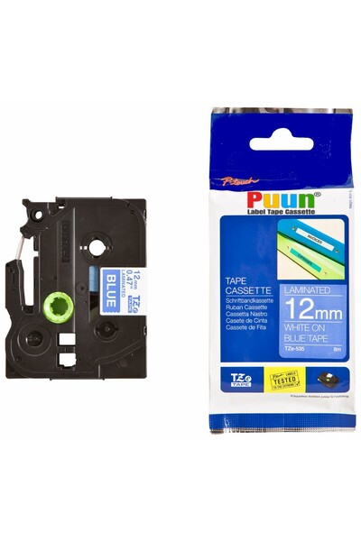 PUUN Brother P-Touch TZE-535 12mm X 8m alb pe albastru compatibil cu laminare bandă de etichete