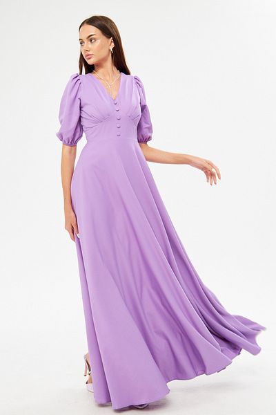 Bidoluelbise Balloon Sleeve V-neck Corsage Belt Detail Ornamental Buttoned Chest Pleated Woven Draped Fabric Maxi Length Dress
