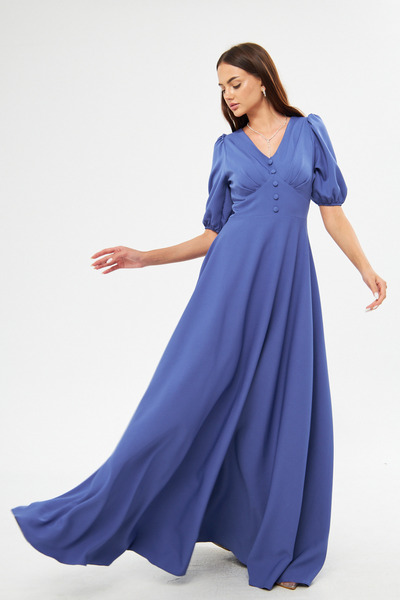 Bidoluelbise Μπαλόνι μανίκι V-λαιμόκοψη λεπτομέρεια ζώνη κορσάζ Διακοσμητικό στήθος με πλισέ υφαντό ντραπέ Φόρεμα μήκους