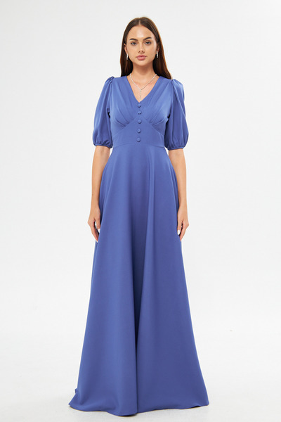 Bidoluelbise Μπαλόνι μανίκι V-λαιμόκοψη λεπτομέρεια ζώνη κορσάζ Διακοσμητικό στήθος με πλισέ υφαντό ντραπέ Φόρεμα μήκους