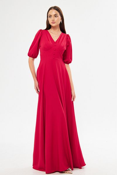 Bidoluelbise Balloon Sleeve V-neck Corsage Belt Detail Ornamental Buttoned Chest Pleated Woven Draped Fabric Maxi Length Dress