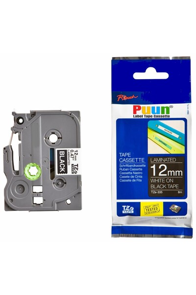 PUUN Brother P-Touch TZE-335 12mm X 8m alb pe negru compatibil cu bandă de etichete laminată