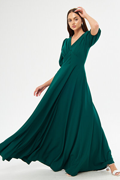 Bidoluelbise Μπαλόνι μανίκι V-λαιμόκοψη λεπτομέρεια ζώνη κορσάζ Διακοσμητικό στήθος με πλισέ υφαντό ντραπέ Φόρεμα μήκους