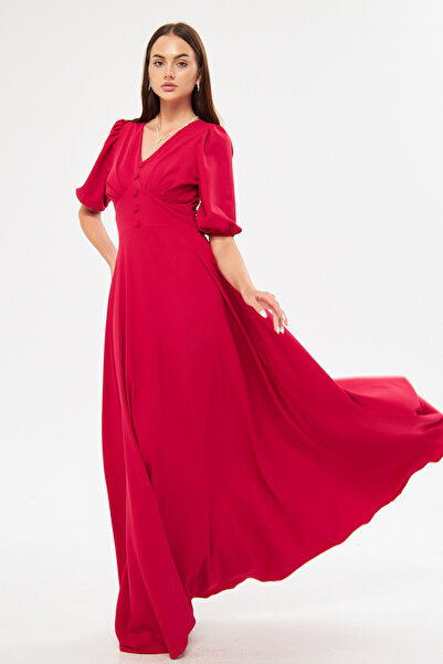 Bidoluelbise Balloon Sleeve V-neck Corsage Belt Detail Ornamental Buttoned Chest Pleated Woven Draped Fabric Maxi Length Dress
