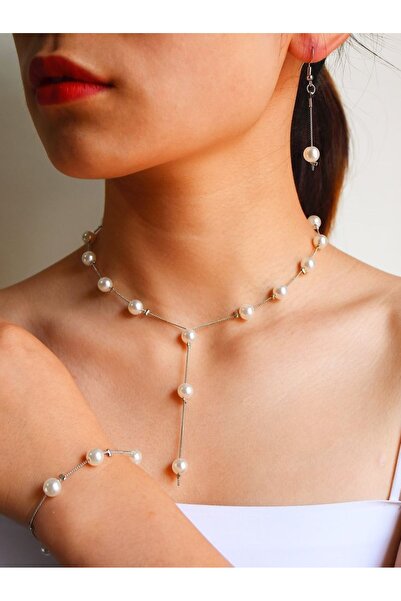 İPAR AKSESUAR مجموعة أقراط وقلادة وسوار من اللؤلؤ الباروكي