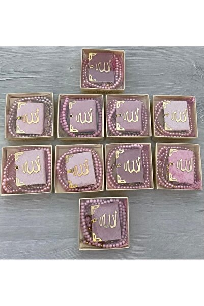 Classy 10 lu hediyelik dağıtmalık püsküllü mini Kuranı kerim ve tesbih seti kutulu açık pembe renk