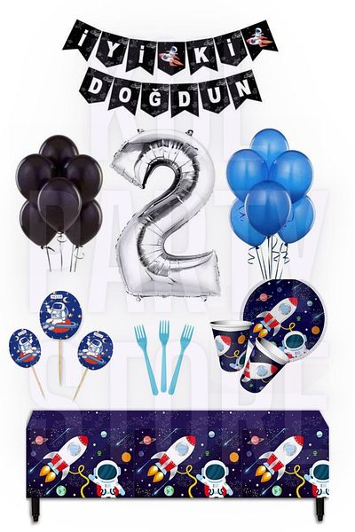 FOKUL Space Cosmic Galaxy 2 Years Birthday Party Concept Set 8 Person Party Supplies
