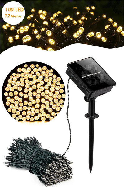 PASACO Su Geçirmez 12 Metre Güneş Enerjili Dış Mekan Solar Peri Ip Led Işık Dekoratif Bahçe Aydınlatma