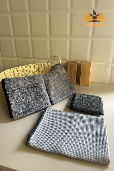 Fine Clean 4 Piece Gray Microfiber Cleaning Cloth Set, Glass + Dust + Kitchen Cloth + Wire Dish Sponge