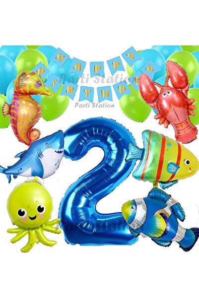 Parti Station Büyük Boy Balonlu Okyanus Hayvanları 2 Yaş Doğum Günü Balon Set...