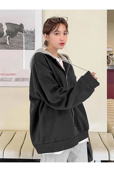 Machetta Plus Size Unisex Μαύρη κουκούλα Γκρι Unprinted 3 κλωστών Oversize Fleece Jacket - Ζακέτα