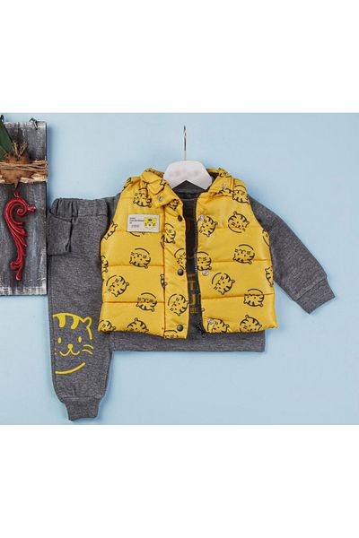 Hippıl Baby Baby Boy Cat Patterned Puffer Vest Long Sleeve Seasonal 3-Piece Set
