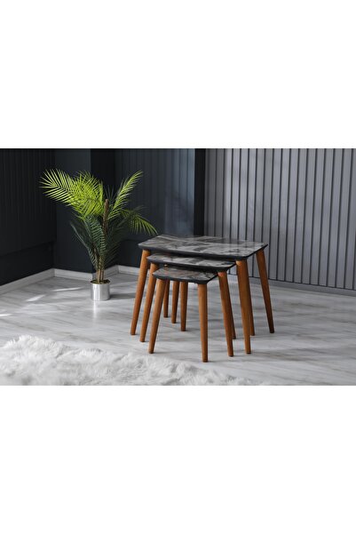 FERRAL Mdf Ahşap Ceviz Ayaklı 3 Lü Zigon Sehpa Kudüm Dekoratif Servis Sehpa M...