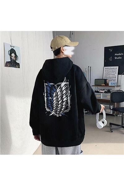 Touz Moda Φούτερ με στάμπα στην πλάτη Μαύρο Unisex Oversize με κουκούλα
