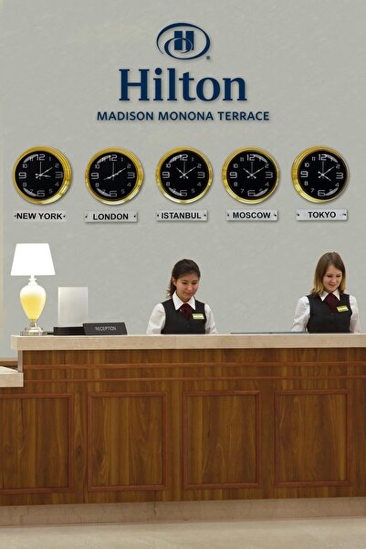 Platin Saat 40 cm Gold Metal Black Dial 5 Piece Set Hotel World Clock with Signs