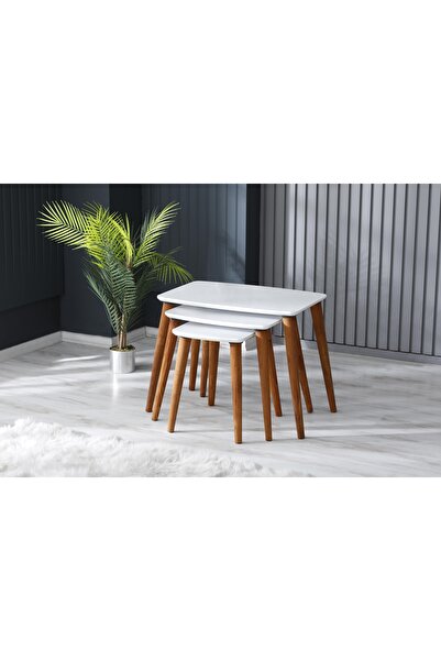 FERRAL Mdf Ahşap Ayaklı 3 Lü Zigon Sehpa Beyaz