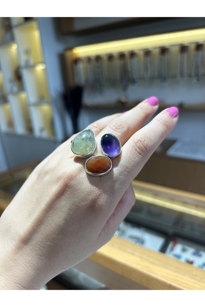 Luna Prinayt,Akik ve Ametist Doğal Taşlı Gümüş Yüzük
