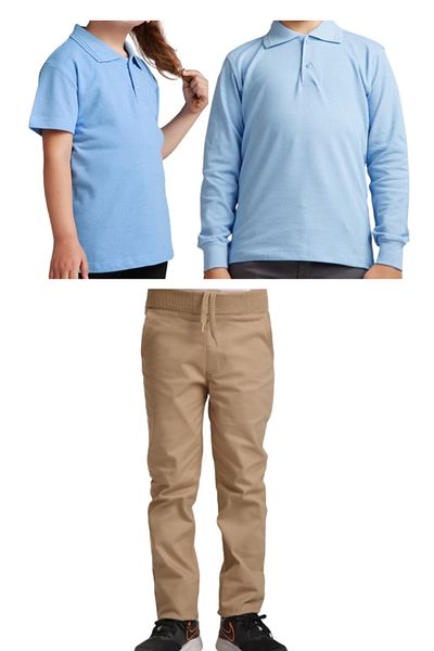 FERRY BUTİK Pantaloni de scoala unisex pentru copii cu talie nervurata + tricou cu mânecă scurtă și lungă