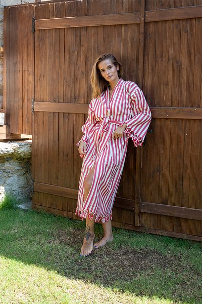 vivamaison Kimono Loincloth Bathrobe 100% Cotton Striped Tasseled Red Striped