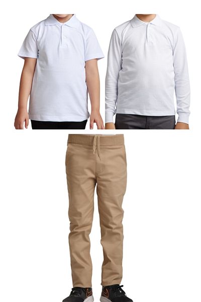 FERRY BUTİK Pantaloni de scoala unisex pentru copii cu talie nervurata + tricou cu mânecă scurtă și lungă