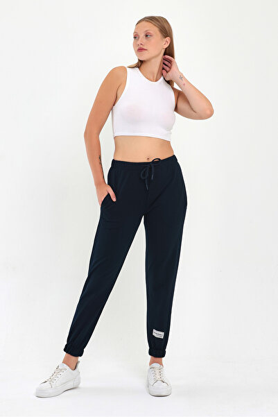 COMEOR Women's Navy Blue Leg Label Detailed Basic Jogger Knitted Sweatpants
