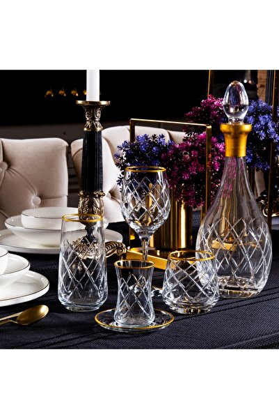 sudeka 61 Parça 12 Kişilik Kare Gold El Dekor Kesme Cam Su Takımı???????