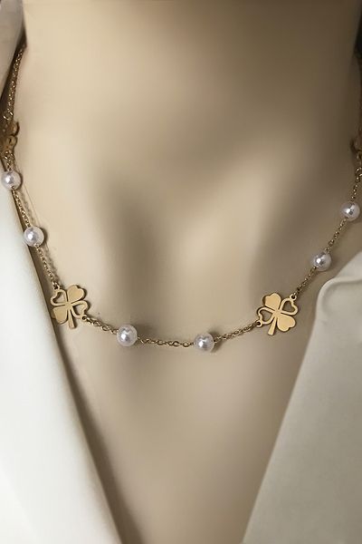 SilverStone Women's Pearl Clover Gold Color Clover Steel Necklace