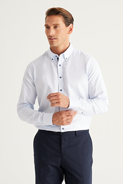 ALTINYILDIZ CLASSICS Erkek Açık Mavi Slim Fit Dar Kesim Düğmeli Yaka %100 Pam...