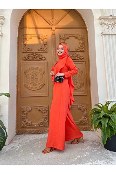Bym Fashion Shoulder Part Ruffle Cloak Detailed Back Zip Jumpsuit 3780 Orange