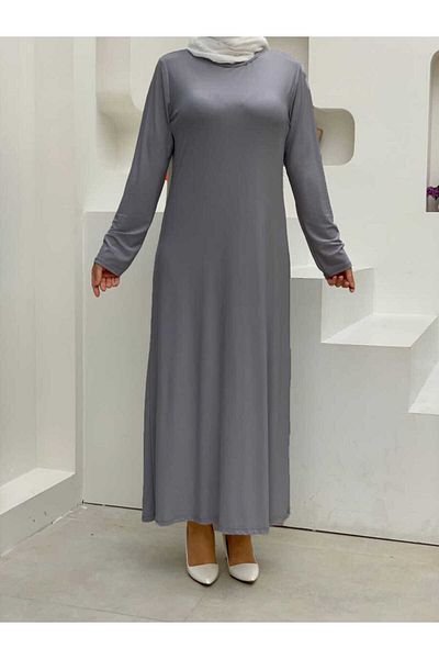 Bym Fashion XXL Plus Size Straight Crew Neck Μακρυμάνικο Εσωτερικό Αμμώδες Φόρεμα 3202-3 Γκρι