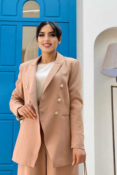 Bym Fashion Κουμπί Λεπτομέρεια Μπλέιζερ Σετ Φαρδύ Παντελόνι 8302 Mink