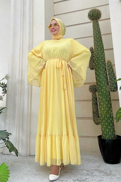 Bym Fashion Pleated Ruffle Look Lined Chiffon Dress 3404 Yellow