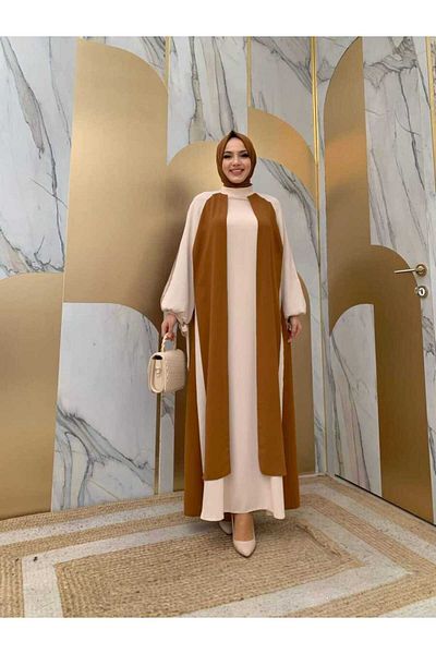 Bym Fashion Two-Color Piece Detail Balloon Sleeve Look Dress 3799 Tan